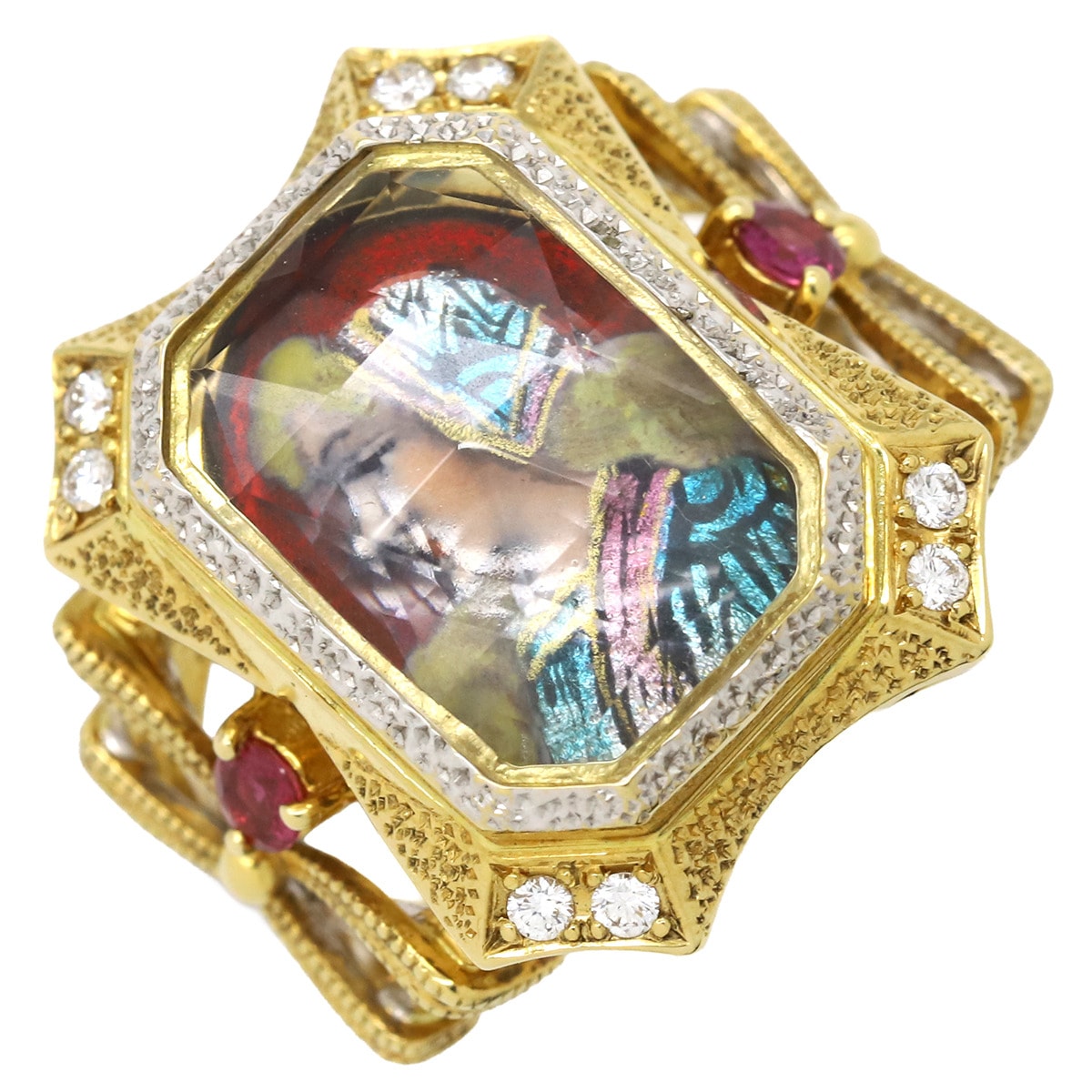 梶光夫 MITSUO KAJI リング 指輪 ダイヤ ルビーリング K18YG K18WG ダイヤモンド クォーツ ルビー エマイユ マルチカラーXイエローゴールド 七宝 13.5号【中古】 143,170円