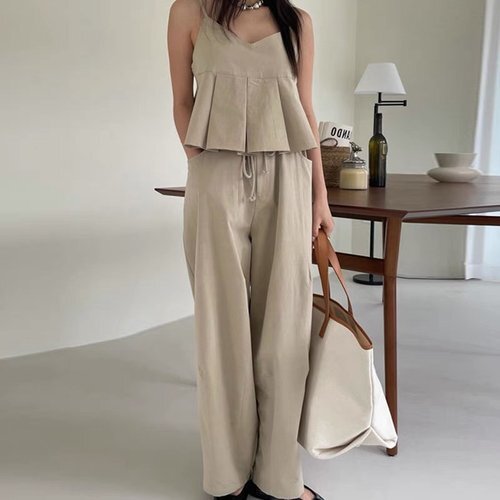 2022夏INS 新作 カジュアル シンプル ノースリーブ Vネック ハイウエスト カジュアルセットアップ ホワイト/フリーサイズ 3204