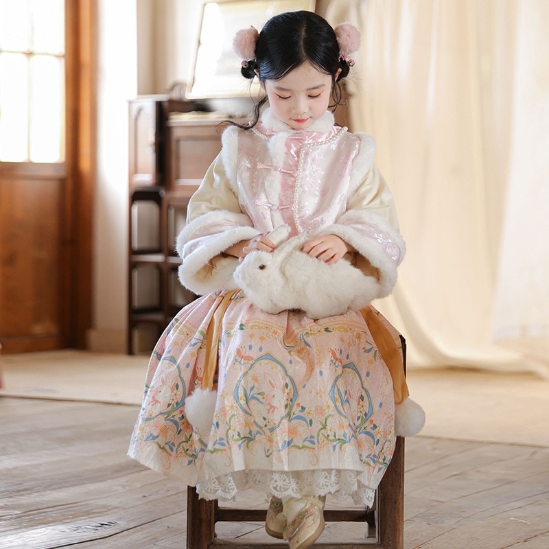 女児用馬面裙漢服セット厚手の中国古装冬物女児唐装新中式新年服