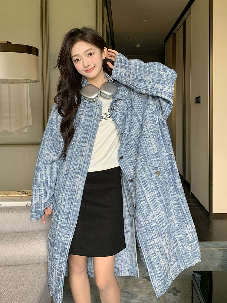 2024新作ブルーデニムウインドブレーカーコートレディースミドル丈秋人気韓国風レイジースタイル膝上コート