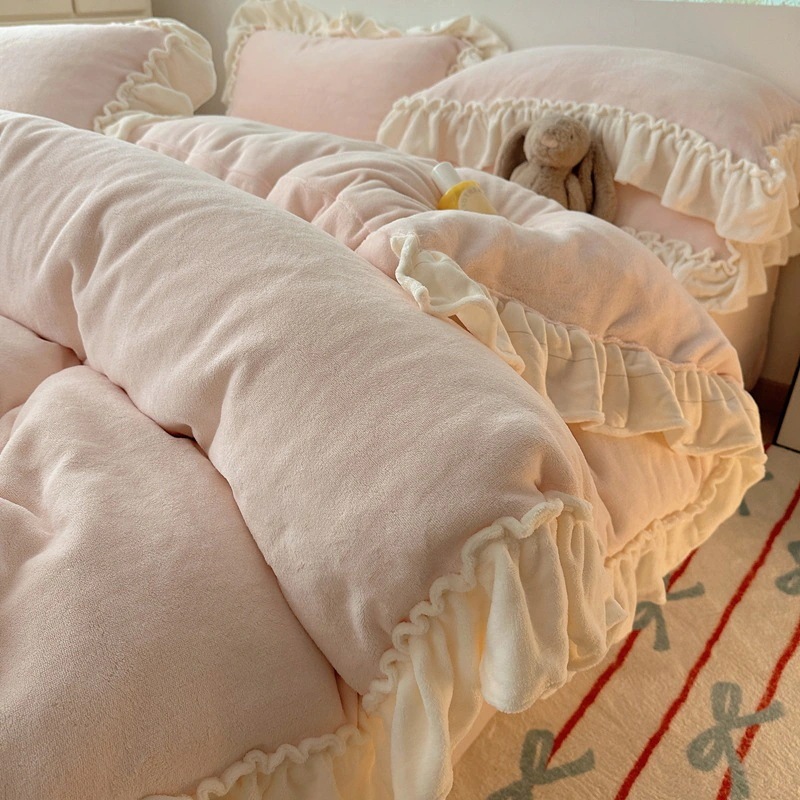 韓国レース増粘ミルクベルベット4点セット無地暖かい両面コーラルベルベット掛け布団カバー3点セット