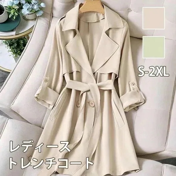 トレンチコート レディース 春秋コート ミディアムコート スプリングコート 春コート アウター オシャレ 上品 ゆったり 無地 通勤 着痩せ カジュアル 韓国風 ベージュ グリーン 緑 小さいサイズ