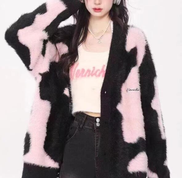 ミンクの毛を模したvネックニットカーディガンレディース秋冬新作厚手のゆったりとした風合いのセーターコート