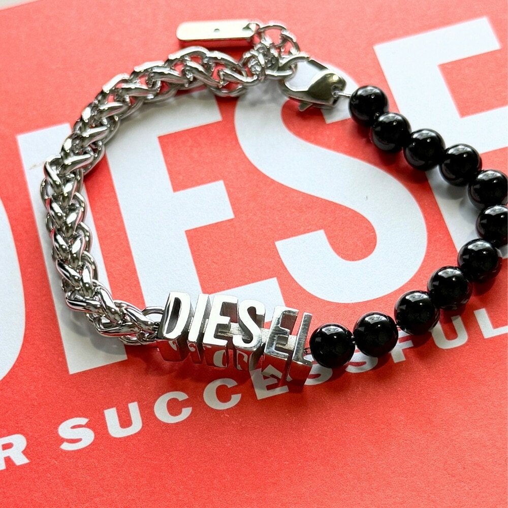 DIESEL ディーゼル ブレスレット ユニセックス チェーンブレスレット ビーズ ステンレス ブラック×シルバー アクセサリー メンズ レディース プレゼント ギフト DX1541040 成人 卒業