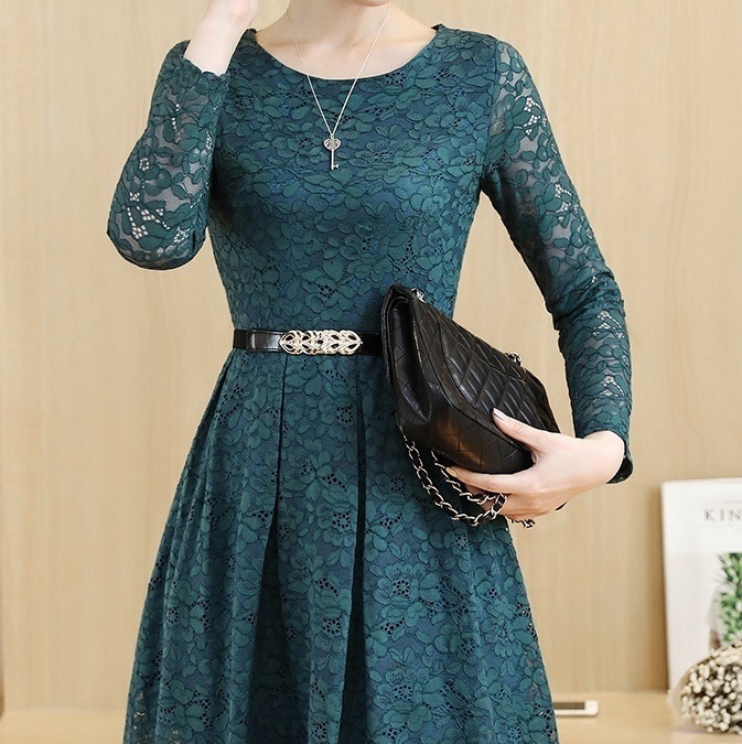 646.総レースウエストベルト付きフレアワンピース（グリーン）