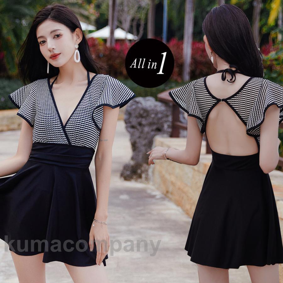 夏 水着 レディース ワンピース オールインワン 体型カバー 半袖 黒 白 チェック ミックスマッチ おしゃれ かわいい フリル