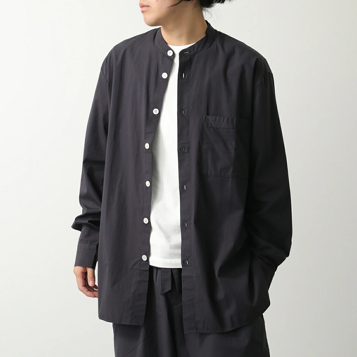 TEKLA × BIRKENSTOCK テクラ ビルケンシュトック コラボ シャツ SWT メンズ 長袖 コットン ノーカラー 胸ポケット オーバーサイズ SLA/Slate