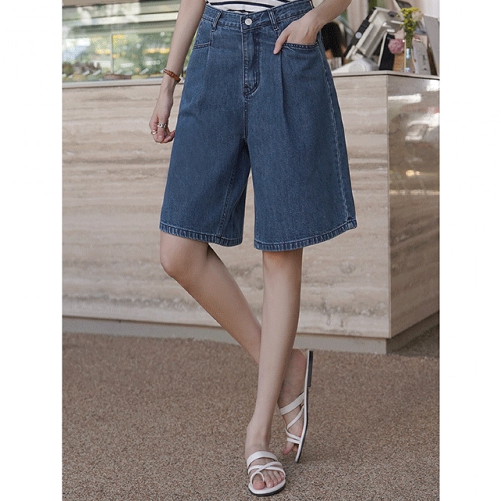 Click & Funny Good カジュアルピンタック 5パートデニムショーツ [SMLサイズ]