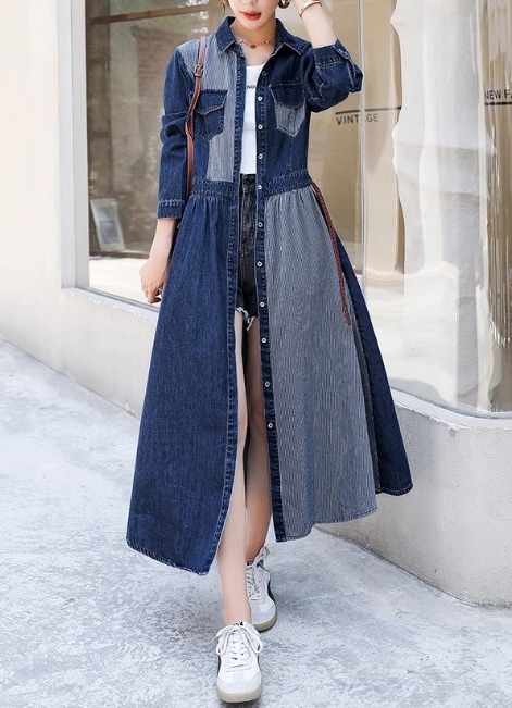 レディース ワンピース ブラウス シャツワンピ ロング 長袖 襟付き Aライン 切り替え ウォッシュ 切り替えデザイン バイカラー 配色 デニム ブルーデニム かわいい 大人可愛い おしゃれ