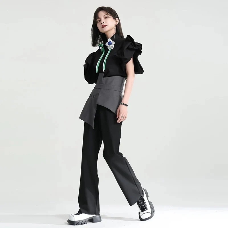 【J.Fashion】 ワイドパンツ ニセ2セット レイヤード ドッキング スラックス ロングパンツ トップスは店でも販売してる メガ割30%までに制限