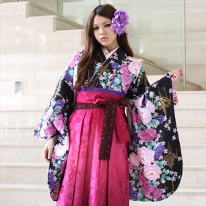 レンタル卒業式 袴 レンタル 女 袴セット 女 卒業式袴セット2尺袖着物＆袴 フルセットレンタル黒地にピンクバラとすみれ＆シャンデリア安いハカマ はかま rental