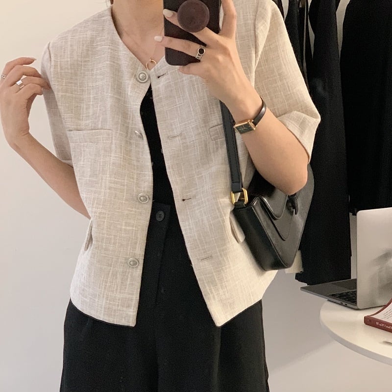 3color レディース アウター ジャケット サマージャケット ショート丈 ノーカラー ポケット