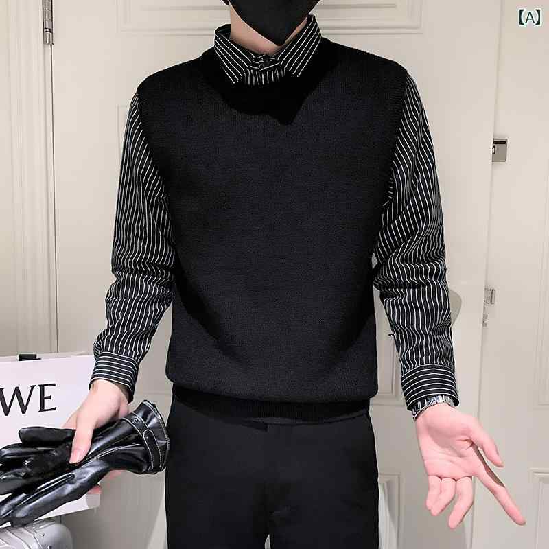 メンズ トップス カジュアル ファッション おしゃれ ストライプ フェイク セットアップ 重ね着風 長袖 セーター 春秋 シャツ ニット セーター