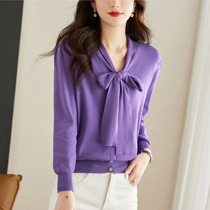 スタイリッシュニットセーター 長袖ニットセーター オフィスカジュアルニット 秋冬ニットセーター トップス ブラウス ニットソー セーター 袖あり 長袖 パフスリーブ Vネック 襟付き スリム 細身