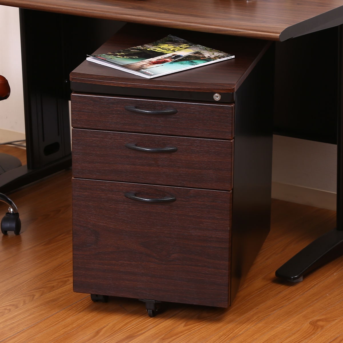 デスクワゴン 高さ61.5cm デスク キャネット 木目調 引き出し 鍵付き サイドワゴン オフィスワゴン 3段 デスク下 脇机 幅40 完成品 キャスター付き オールロック サイドチェスト