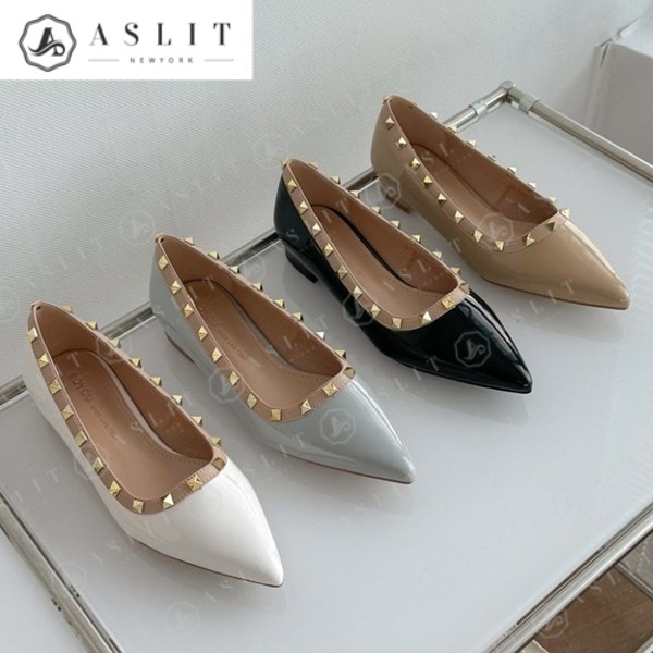本革 レディース スタッド スタッド スタッド フラットシューズ 春 短靴 2.5cm フラットシューズ