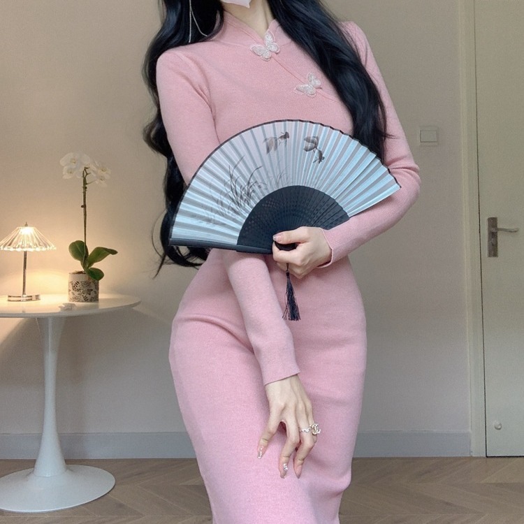 新風国民風ピンク改善チャイナドレス気質タイト痩身ヒップハグスリットニットドレス