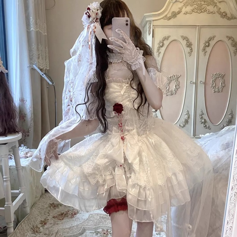 ロリータ ロリータ ブラッド キス ゴス ライト フラワー ウェディング ストラップ ローズ レース メッシュ ドレス ハロウィン