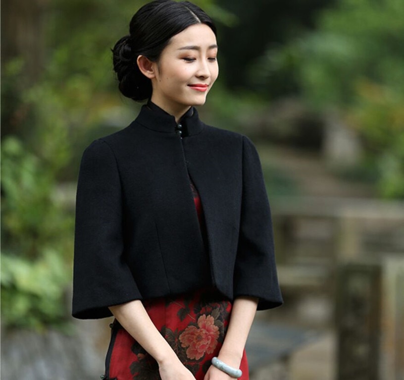 ウール コート レディース 黒 フォーマル コート ヴィンテージ スタンドカラー カーディガン 羊毛 ウール ジャケット ショート 大きいサイズ なマント ウールコート 3/4スリーブ 春 秋 冬