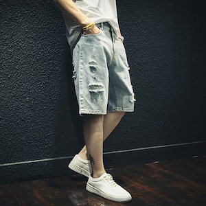 韓国 ファッション メンズ カジュアル ダメージパンツ 短ズボン 五分丈 運動ズボン 大きいサイズ ゆったり ジーパン