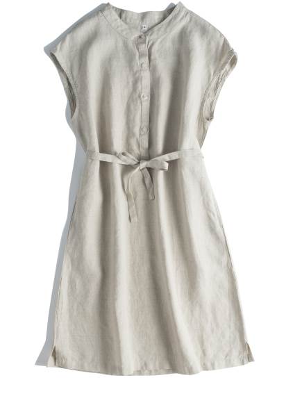 レディース ワンピース シャツワンピ ミドル丈 半袖 フレンチスリーブ スタンドカラー ストレート