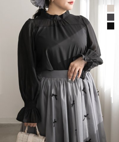 大きいサイズ レディース LL 3L 4L XL XXL XXXL CLETTEオリジナル袖シャーリング切替ブラウス