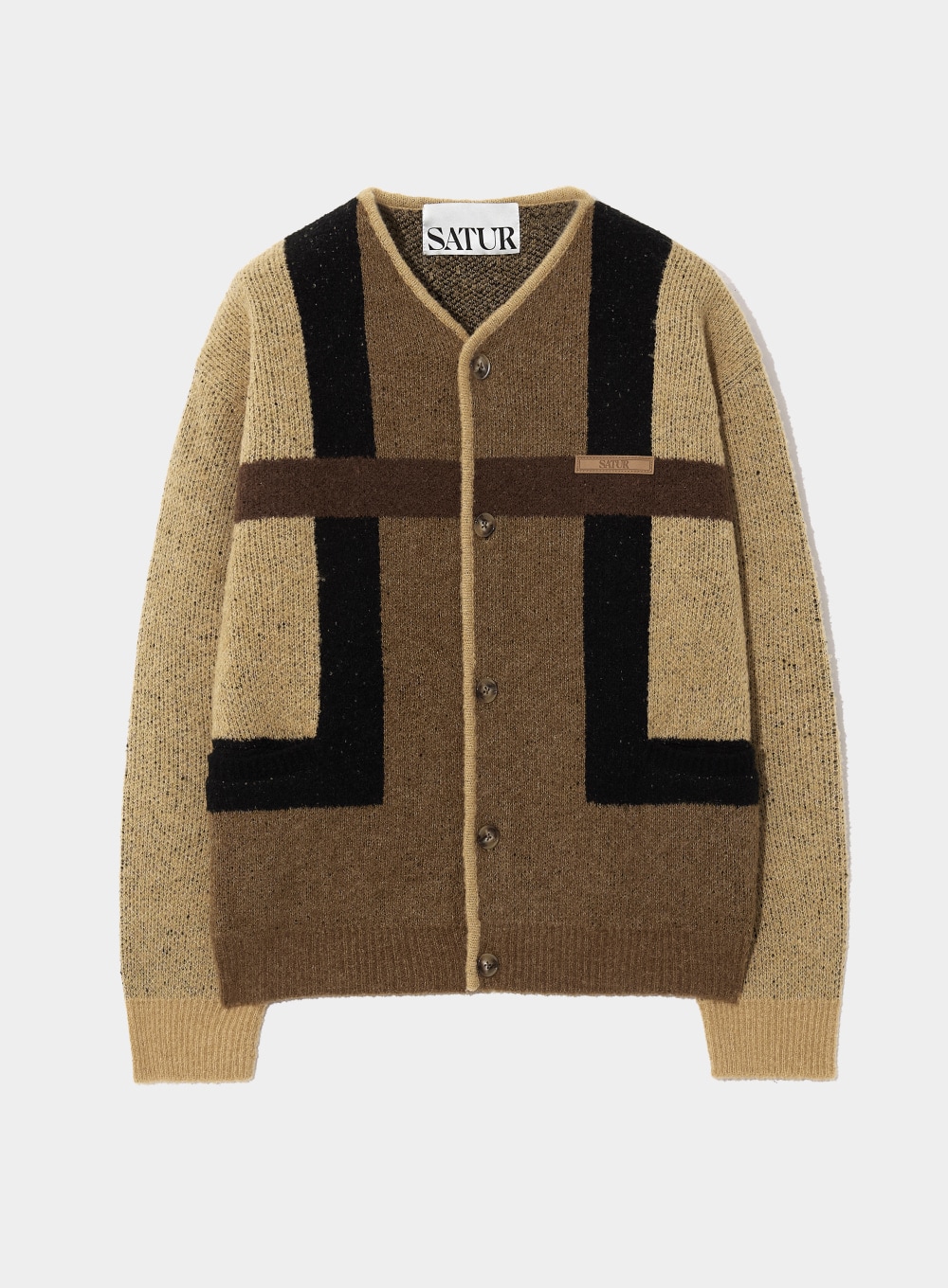 【SATUR】 COLO BLOCK WOOL BLEND CARDIGAN : BEIGE BROWN