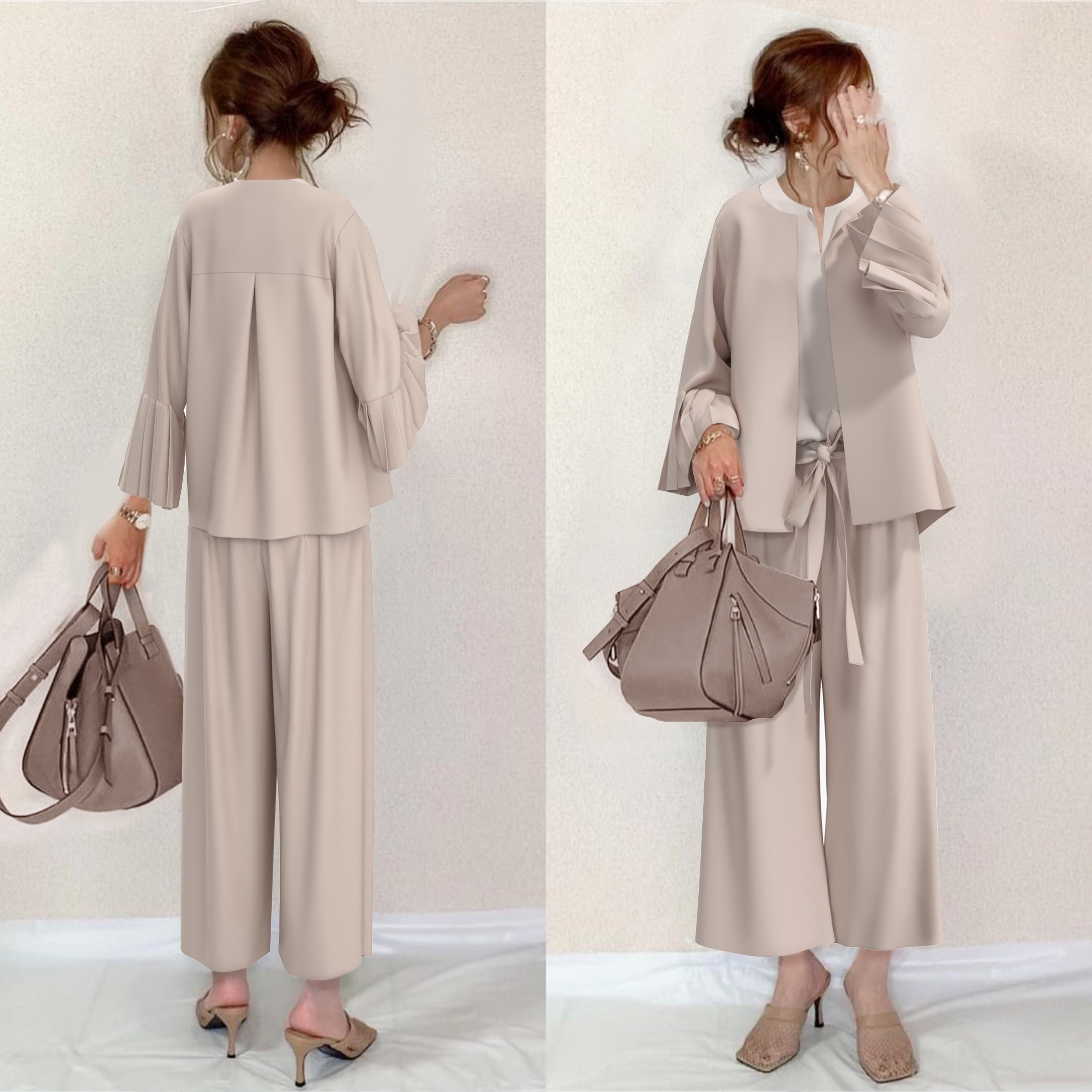 【No.1 人気商品】 定番のきれいめセレモニースタイル ギャザージャケット+Vネックブラウス+ボウタイパンツセット 3点SET
