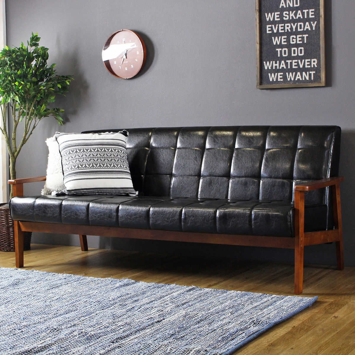 ソファ 3人掛け 幅180cm レザー調 木製 ソファー 3人用 天然木フレーム 肘付き 肘掛 キルティング ヴィンテージ調 おしゃれ 合皮 合皮レザー ブラック