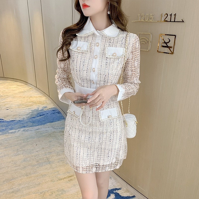 レディース シースルー チェック柄 上品 ワンピース ドレス ミニワンピ 襟付き 長袖 パール ハイウエスト お呼ばれ フォーマル パーティー 大人可愛い ママコーデ ママファッション 韓国系 オルチ