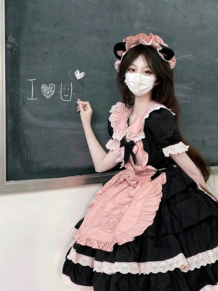 Lolita プリンセスワンピース甘めメイド風ポンポンスカート 二次元 文化祭 メイド服