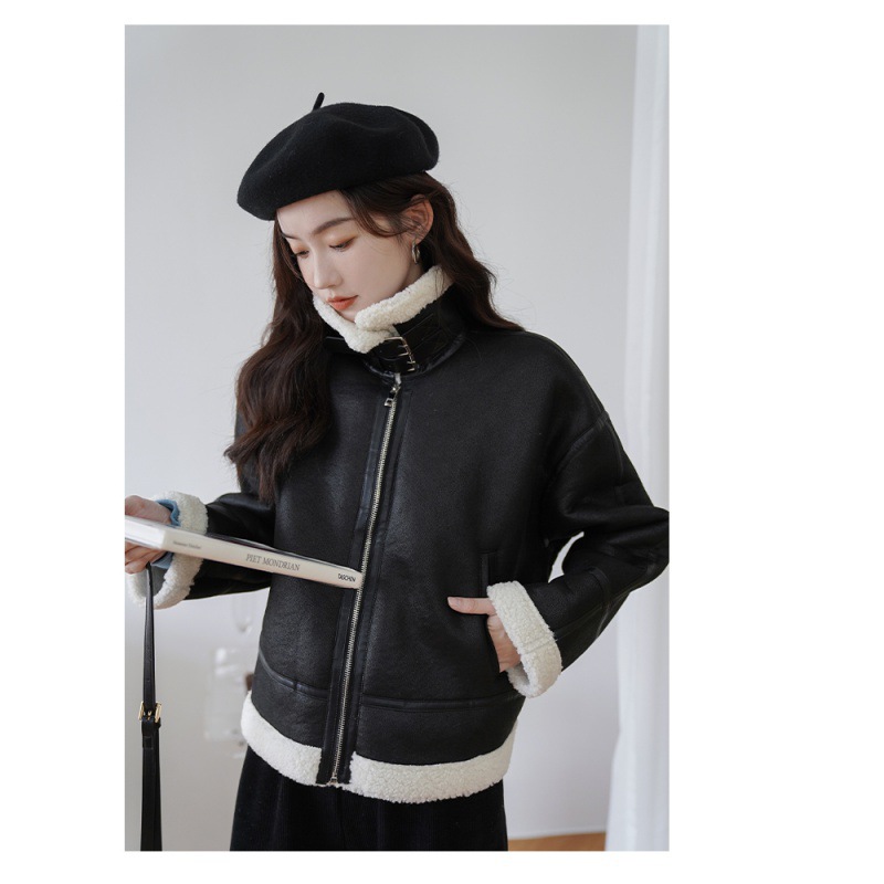zishu ラムウールジャケット レディース 冬 厚手 高品質 2023年新コントラストカラーステッチ 暖かいファー一体型 4,990円