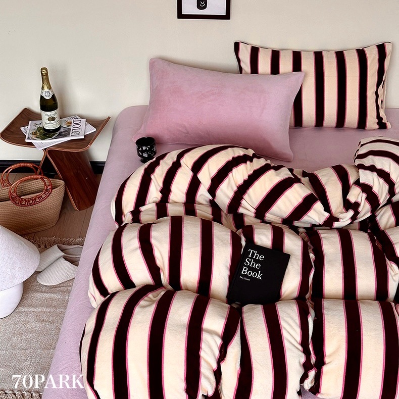 ピンク ブラウン ワイド ストライプ 冬用 布団カバーセット 全3種 ベッドカバー オールシーズン シングル ダブル クイーン ベッドリネン おしゃれ 韓国インテリア 韓国っぽ 70PARK