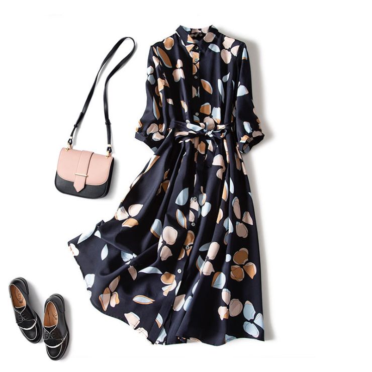 花柄プリント ドレス ドレス 二次会 結婚式 大人 上品 入園式 卒業式 入学式 OL レディース ロング丈 長袖 花柄 秋 冬