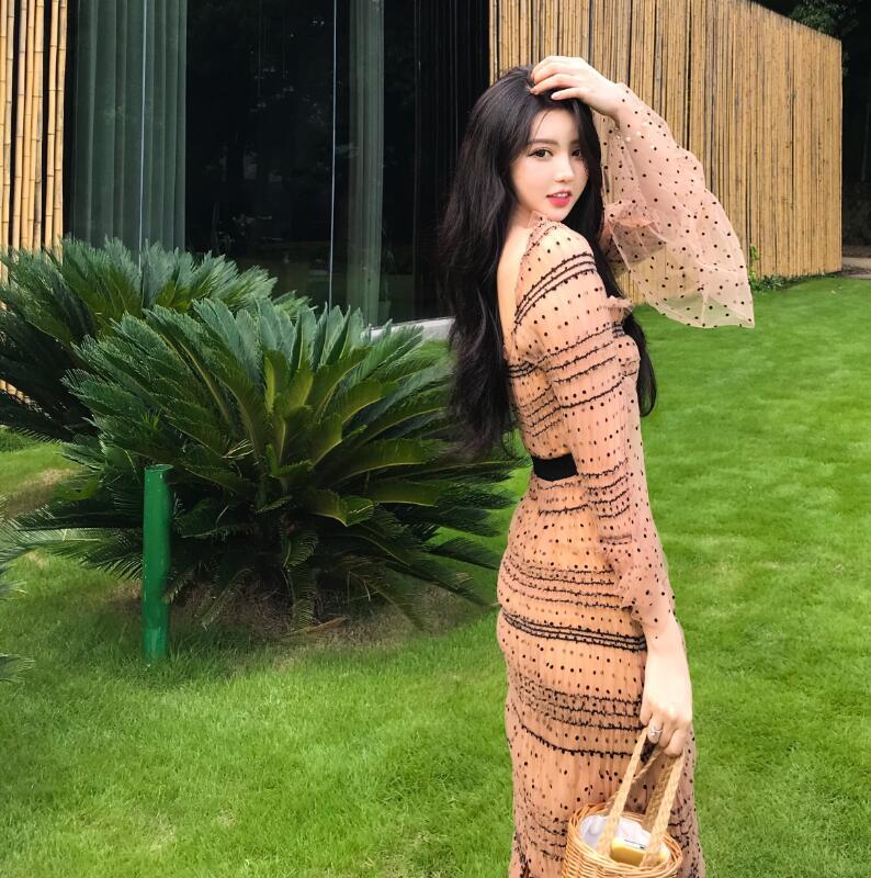 ワンピース レディース 女性用 ドット柄 ミモレ丈 トランペットスリーブ チュール ボーダー タイト