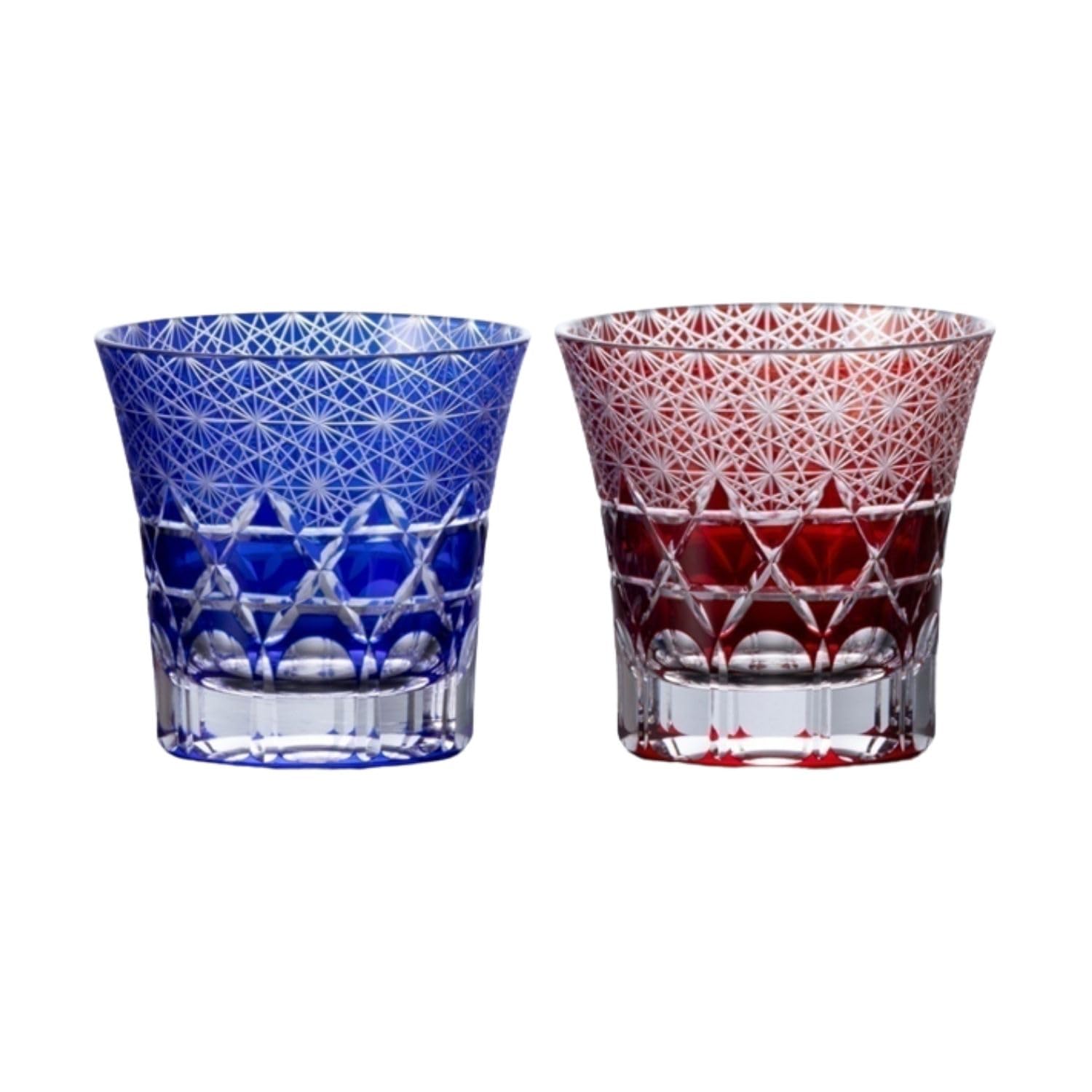 創作 切子 グラス 匠仕上げ Premium ガラス細工 反オールド ペア 菊繋ダイヤカット ブルー/レッド φ90×Ｈ85ｍｍ 240ｃｃ TK-206