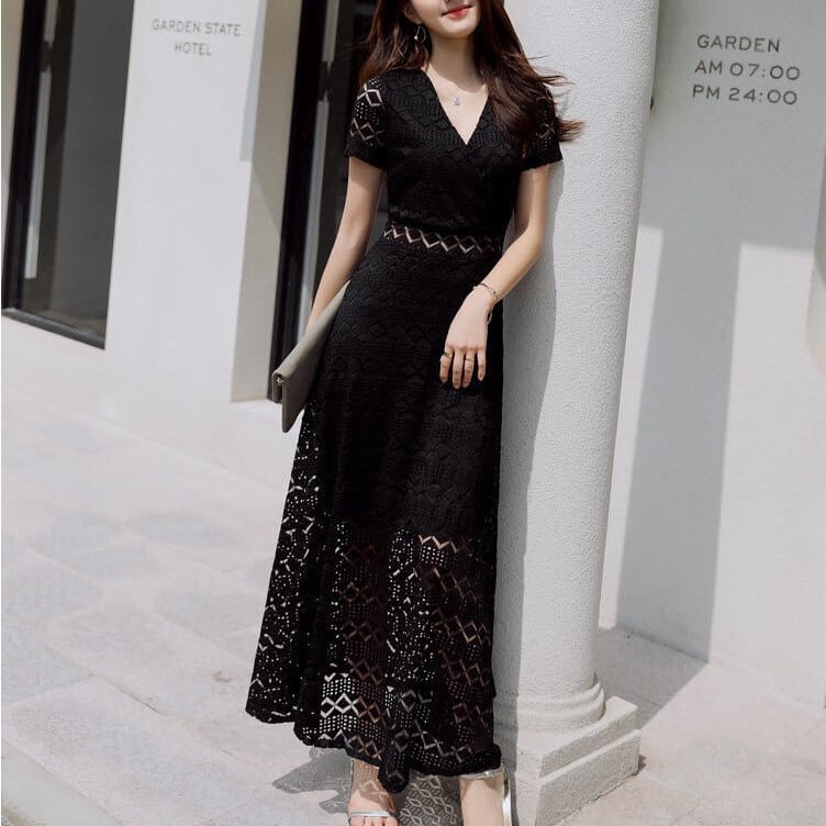 Vネック レース ワンピース 幾何学模様 透け感 シースルー 半袖 Aライン フレア ハイウエスト ミモレ丈 ロング丈 モノトーン かわいい 大人可愛い きれいめ シンプル カジュアル 大人 上品 l