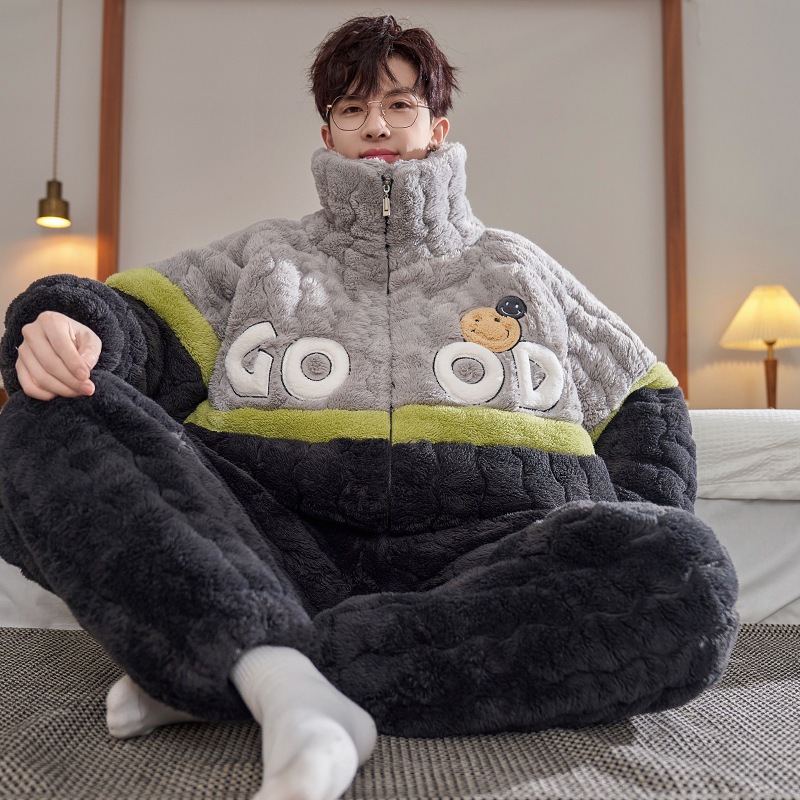男性用パジャマ男性冬用加絨厚手三層綿サンゴ絨毯2024フランネルホームウェアセット