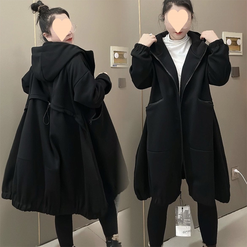 ヨーロッパのハイエンドプラスサイズの女性の春と秋のミッドレングスウインドブレーカー多彩な気質韓国スタイルのゆったりとした痩身フード付き厚手のコート