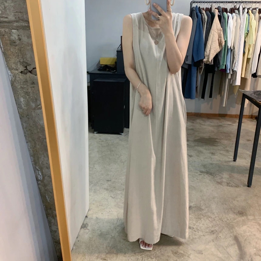 韓国ファッション 気質 綿の麻 大きいサイズ ゆったりノースリワンピリネンワンピースLFZ230