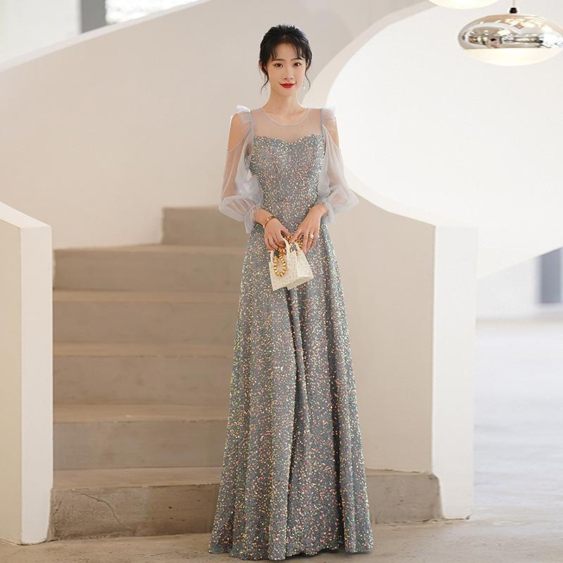 カラードレス カクテルドレス スパンコール 袖付き グレーブルー ロングドレス パーティードレス 発表会 演奏会 ステージ コンクール イブニングドレス-385 7,311円