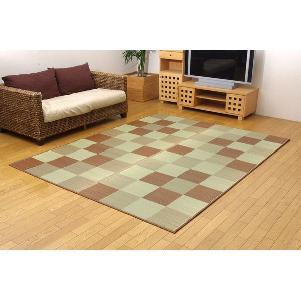 純国産/日本製 い草ラグカーペット 『Fブロック2』 ブラウン 約191x250cm（裏：ウレタン）