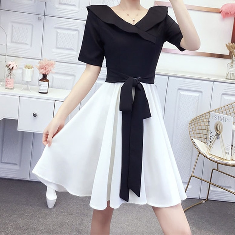 ワンピース レディース セットアップ風ワンピース 配色 バイカラー シフォン ドレス ウエストリボン