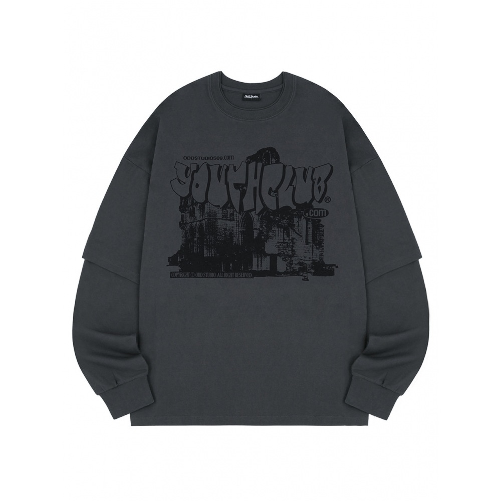 ODD STUDIO ユースクラブグラフィックレイヤードオーバーフィットロングスリーブチャコール