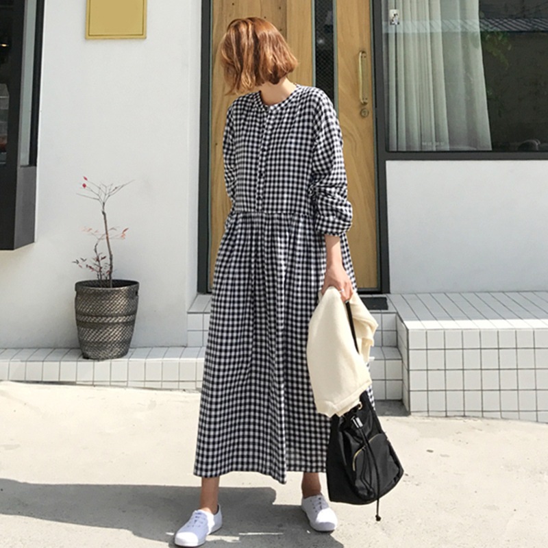ワンピース ロング ロング丈 マキシ マキシ丈 袖あり 長袖 ボリューム袖 ラウンドネック Aライン 綿 ポリエステル かわいい 大人可愛い カジュアル おしゃれ 大人可愛い メンズライク ラブリー