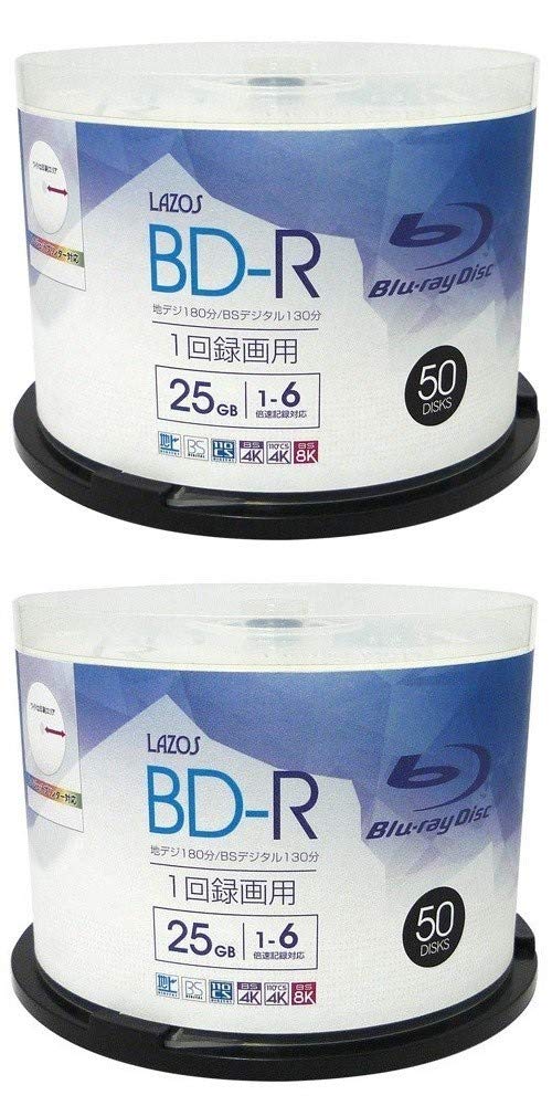 Lazos BD-R 25GB 1-6倍速対応 1回記録用 ホワイトワイド印刷対応 50枚組 スピンドルケース入 L-B50P ｘ2個セット