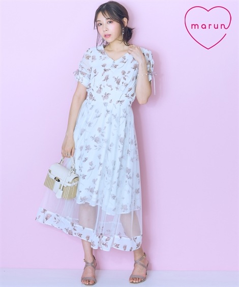 ロング・マキシ丈/半袖 大きいサイズ フラワープリントオーバーチュールワンピース　marun