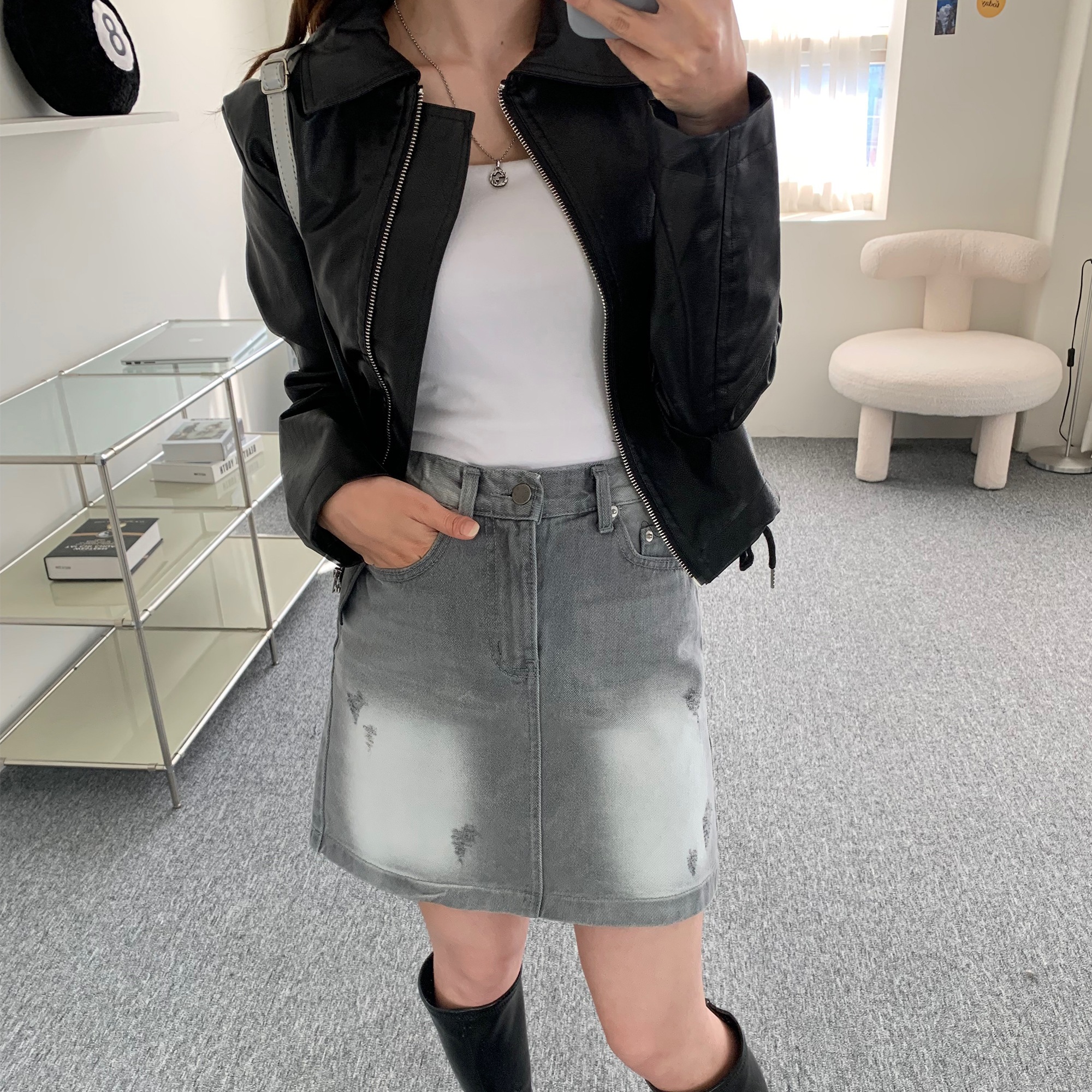 レザー ストリング カラー クロップ ライダー ショートジャケット