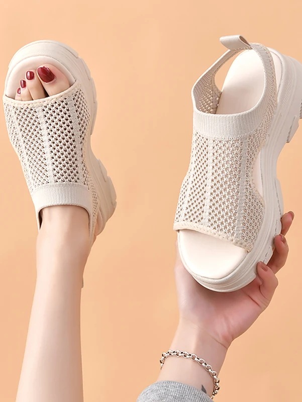 納期3週間程：女性用ニット表面スポーツサンダル,通気性のあるウェッジ,ファッショナブル,新品,2024