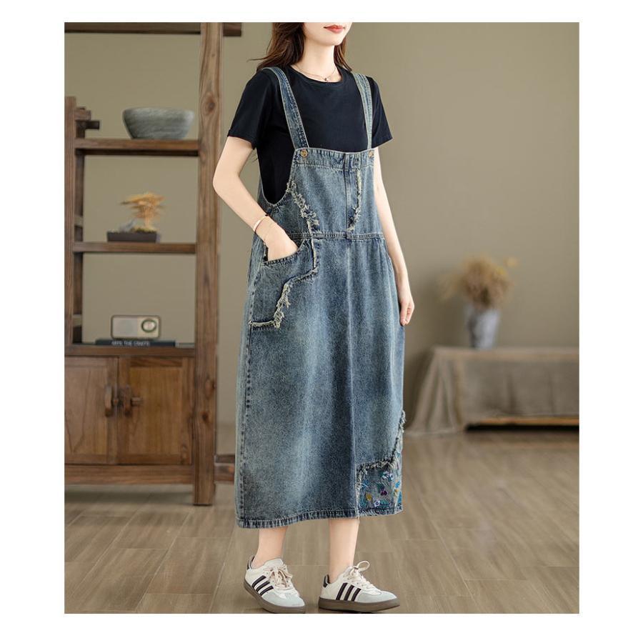 ワンピース ジャンパースカート レディース オールインワン デニム ロング サロペット スカート 春 夏 刺繍 ロングワンピース Aライン ノースリーブ ワンピース